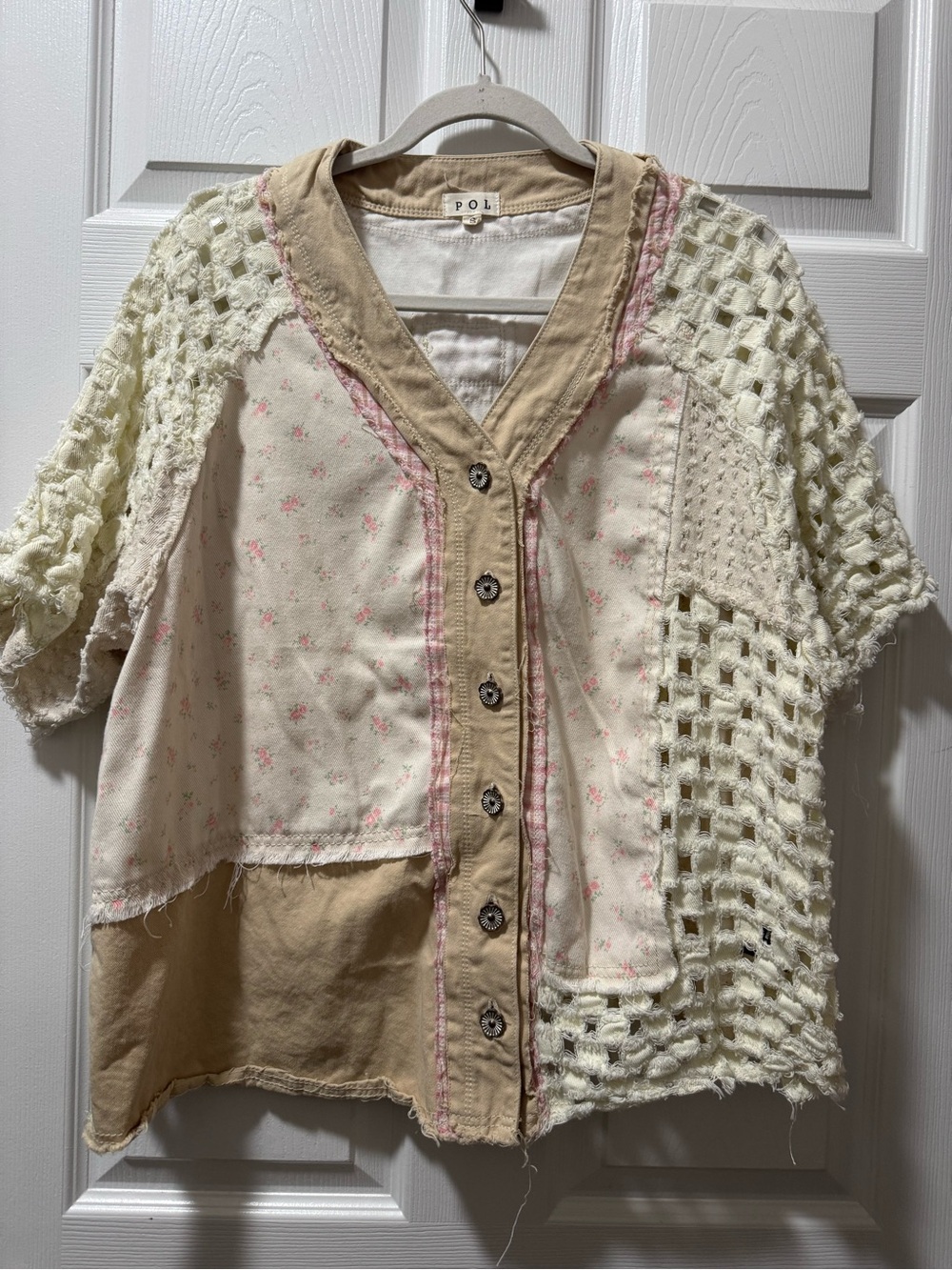 POL Cream & Beige Patchwork Button-Front Top with Pink Floral Accents